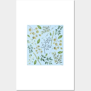 Blue Green summer leaves watercolour pattern Posters and Art